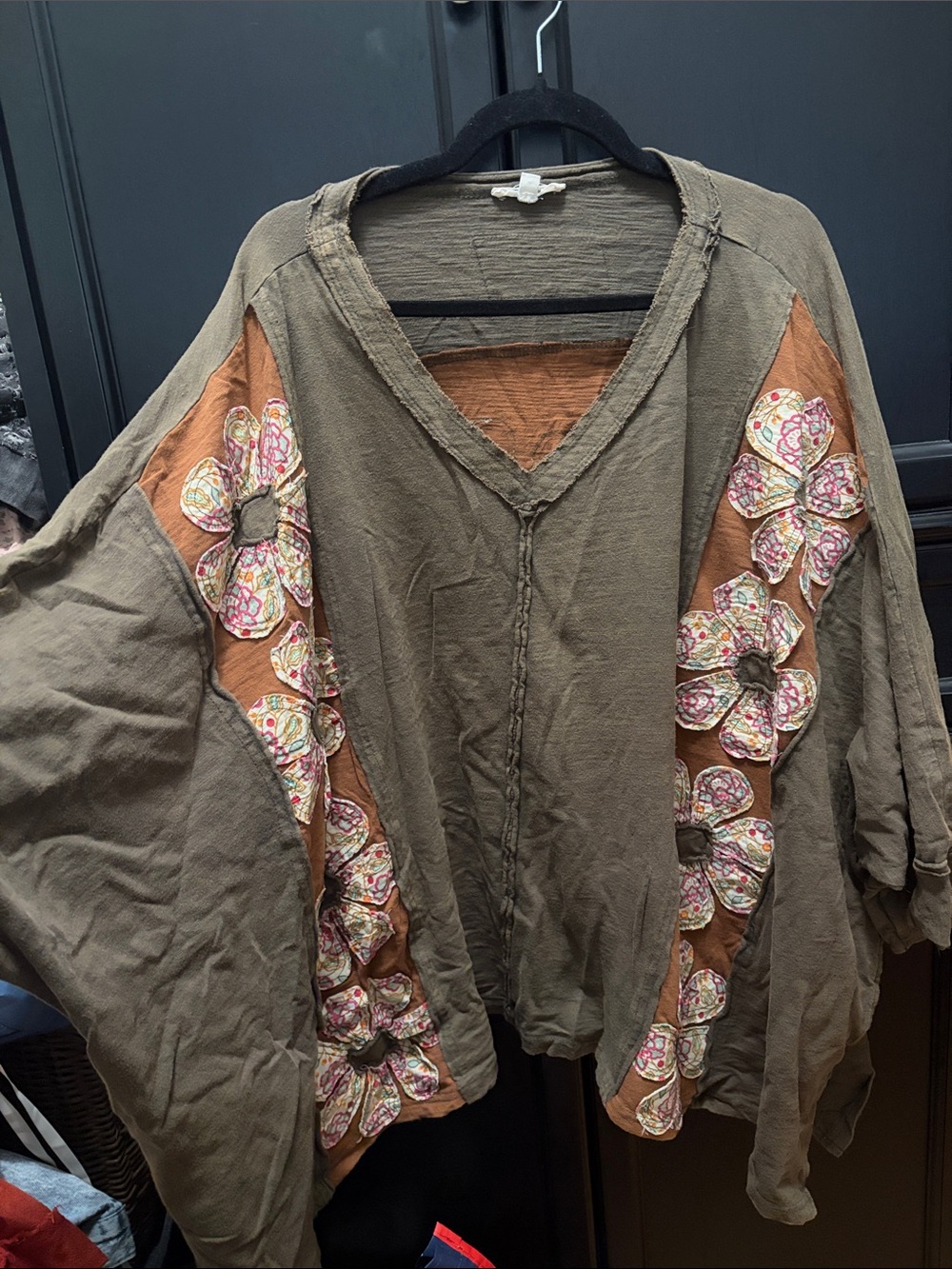 Blue Velvet  Boho Embroidered Floral Panel V-Neck Women’s Top - Olive